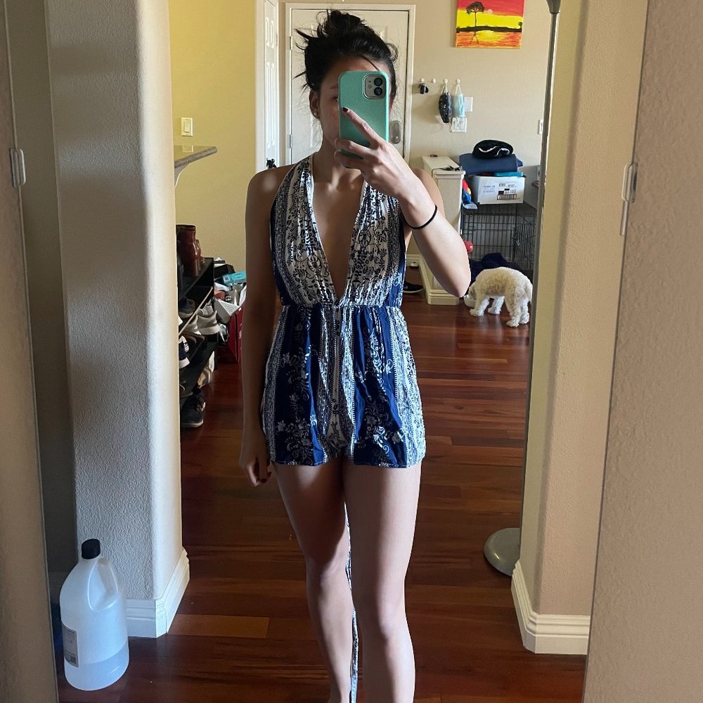 Blue/White Paisley/Boho Open Back Romper